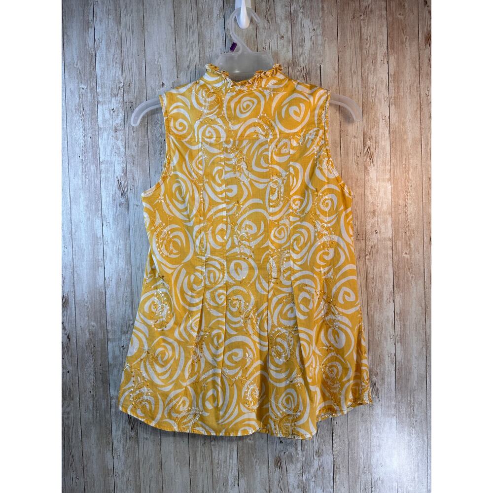 Coldwater Creek Top Womens S‎ Yellow Embroidered High Neck Ruffle Trim Pleated - Picture 2 of 11